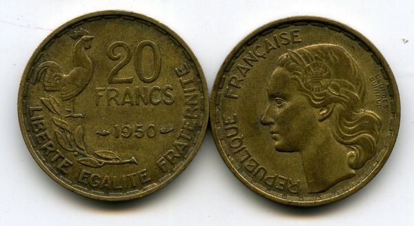 Монета 20 франков 1950г Франция