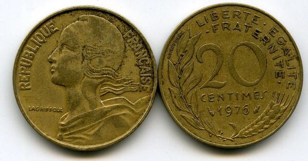 Монета 20 сентимов 1976г Франция