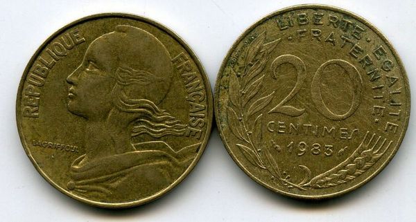 Монета 20 сентимов 1983г Франция