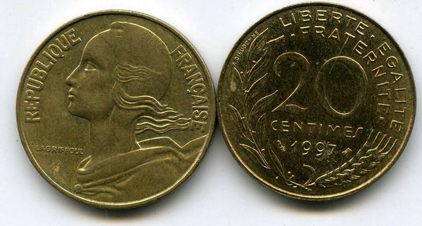 Монета 20 сентимов 1997г Франция