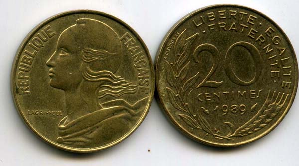 Монета 20 сентимов 1989г Франция