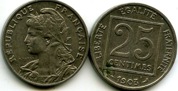 Монета 25 сантимов 1903г Франция