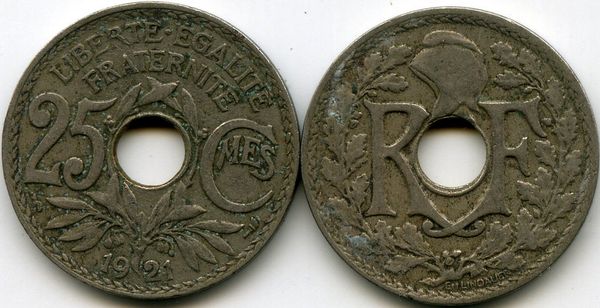 Монета 25 сантимов 1921г Франция