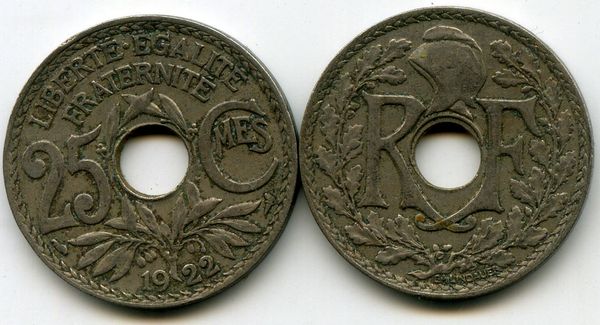 Монета 25 сантимов 1922г Франция