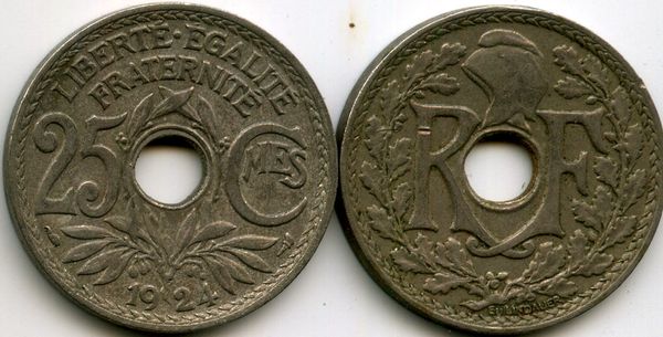 Монета 25 сантимов 1924г Франция