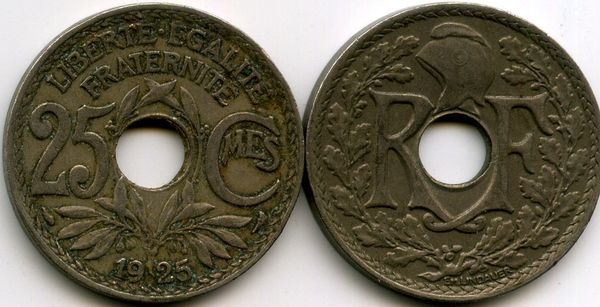 Монета 25 сантимов 1925г Франция