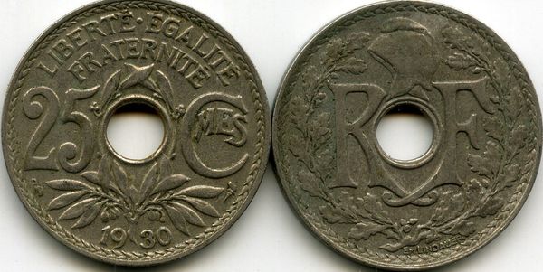 Монета 25 сантимов 1930г Франция