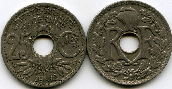Монета 25 сантимов 1932г Франция