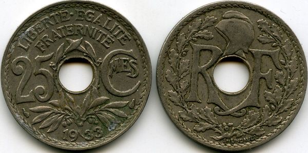 Монета 25 сантимов 1933г Франция
