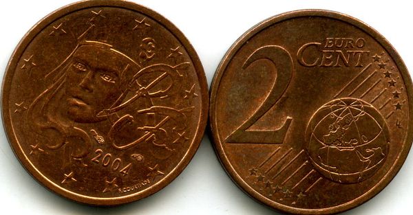 Монета 2 евроцента 2004г Франция