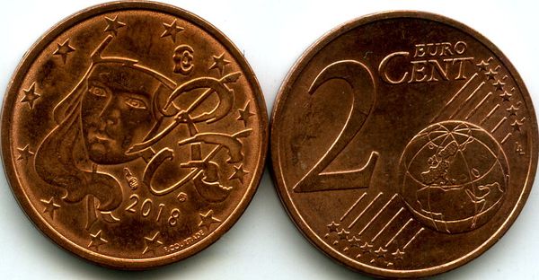 Монета 2 евроцента 2018г Франция