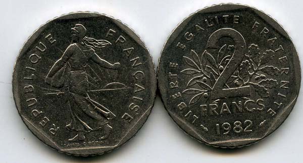 Монета 2 франка 1982г Франция