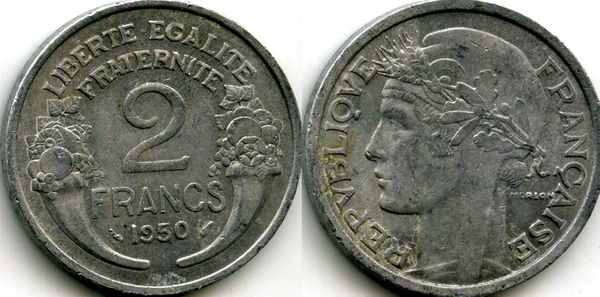 Монета 2 франка 1950г Франция
