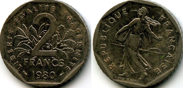 Монета 2 франка 1980г Франция