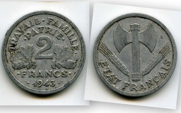 Монета 2 франка 1943г Франция
