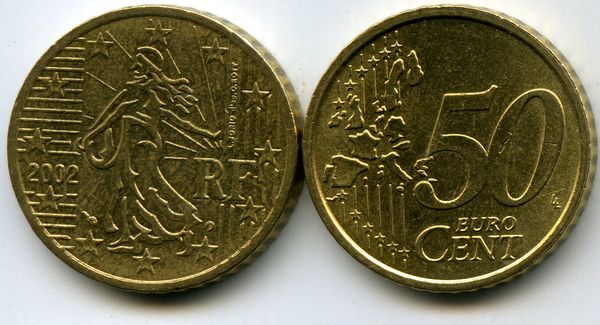 Монета 50 евроцентов 2002г Франция