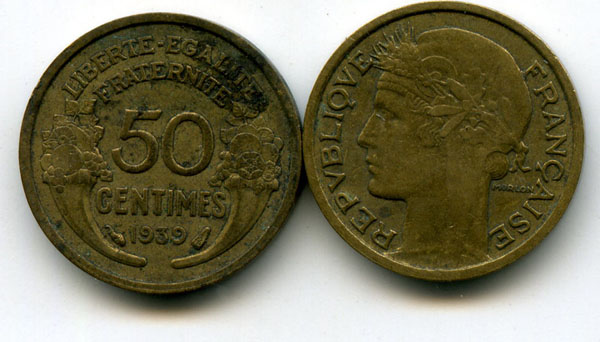 Монета 50 сентимов 1939г Франция