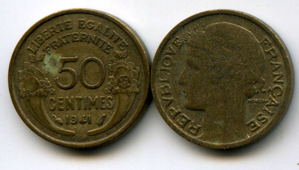Монета 50 сентимов 1941г Франция