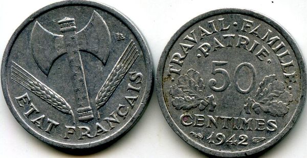 Монета 50 сентимов 1942г Франция