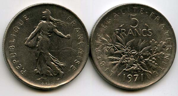 Монета 5 франков 1971г Франция