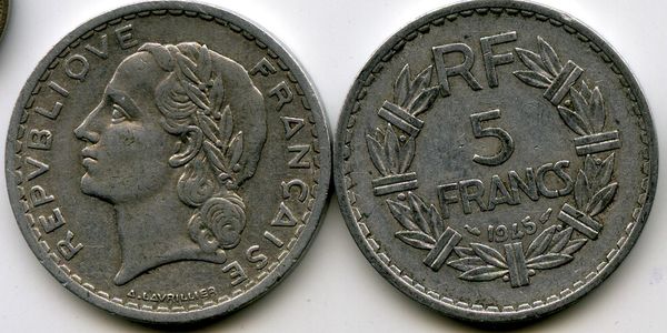 Монета 5 франков 1945г Франция