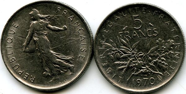 Монета 5 франков 1970г Франция