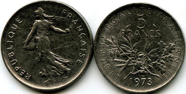 Монета 5 франков 1973г Франция