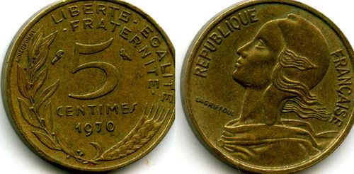 Монета 5 сентим 1970г Франция
