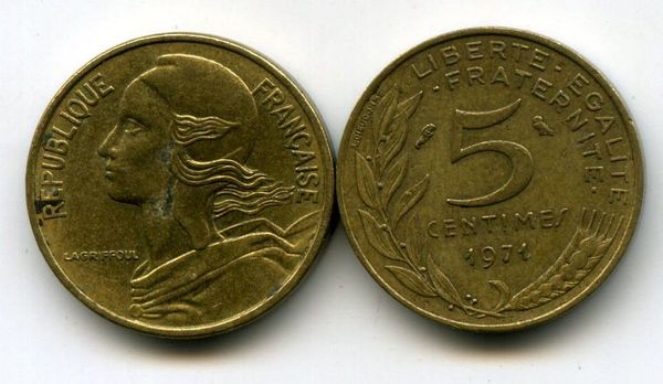 Монета 5 сентим 1971г Франция