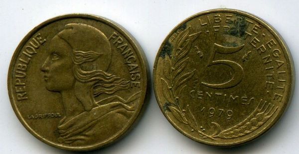 Монета 5 сентим 1979г Франция