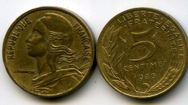 Монета 5 сентим 1980г Франция
