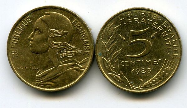 Монета 5 сентим 1988г Франция