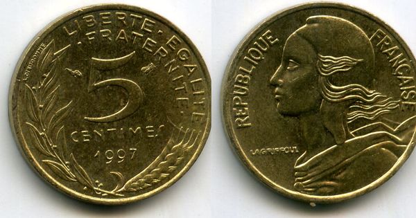 Монета 5 сентим 1997г Франция