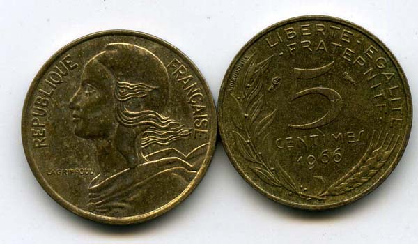 Монета 5 сентим 1966г Франция