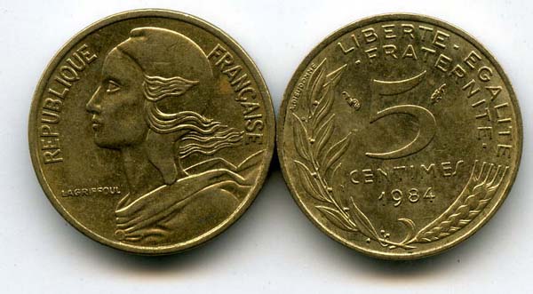 Монета 5 сентим 1984г Франция