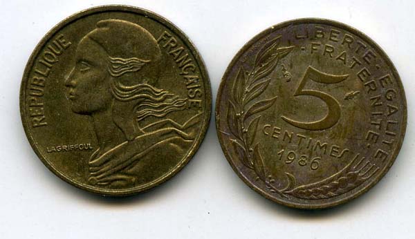 Монета 5 сентим 1986г Франция