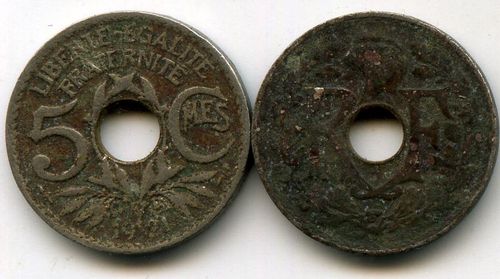 Монета 5 сентим 1921г Франция