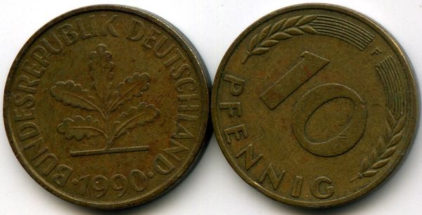 Монета 10 пфенингов 1990г D Германия