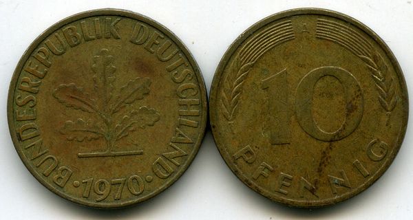 Монета 10 пфенингов 1971г D Германия
