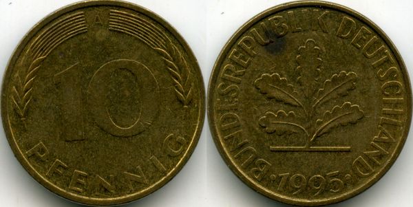 Монета 10 пфенингов 1995г А Германия