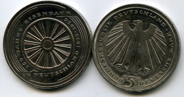Монета 5 марок 1985г 150 лет жд Германия