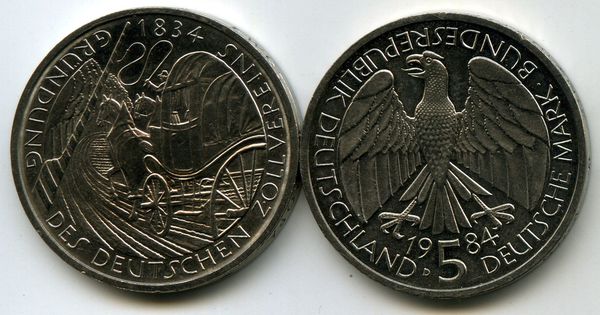 Монета 5 марок 1984г 150 лет таможне Германия