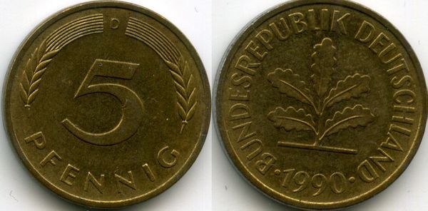 Монета 5 пфенинг 1990г D Германия