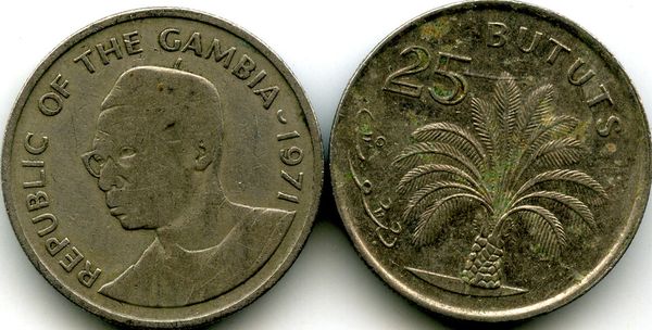 Монета 25 бутутс 1971г Гамбия