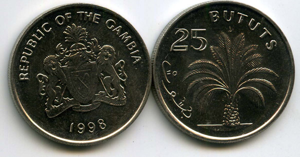 Монета 25 бутутс 1998г обр Гамбия