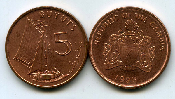Монета 5 бутутс 1998г Гамбия