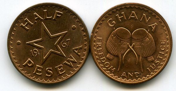 Монета 0,5 песевас 1967г Гана