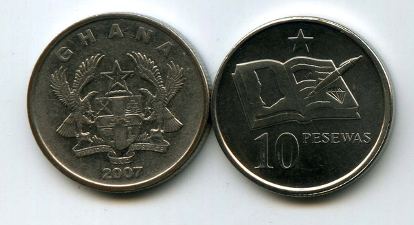 Монета 10 песевас 2007г Гана