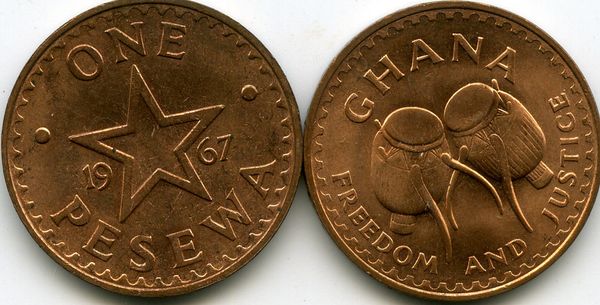 Монета 1 песевас 1967г Гана
