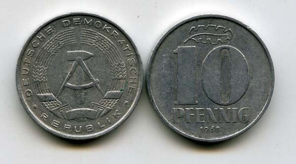 Монета 10 пфенингов 1968г Германия